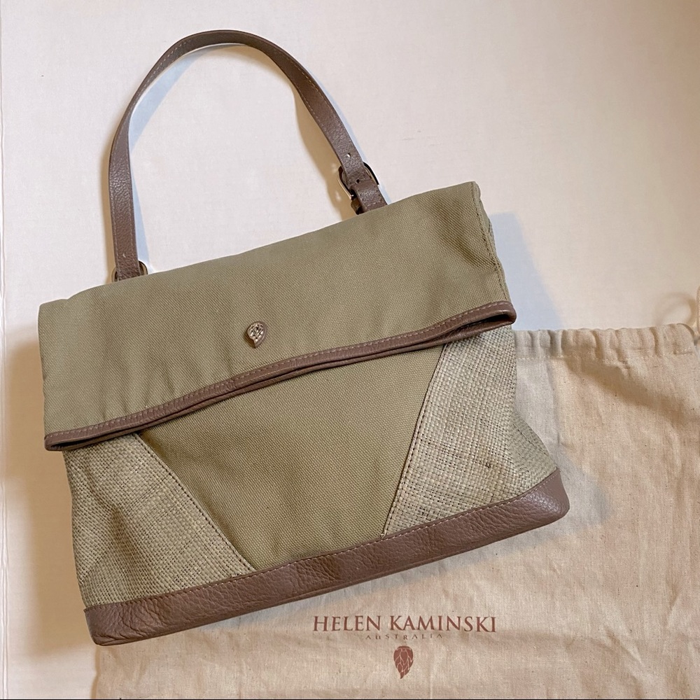 Helen Kaminski women’s green canvas raffia and leather trimmed fold over purse